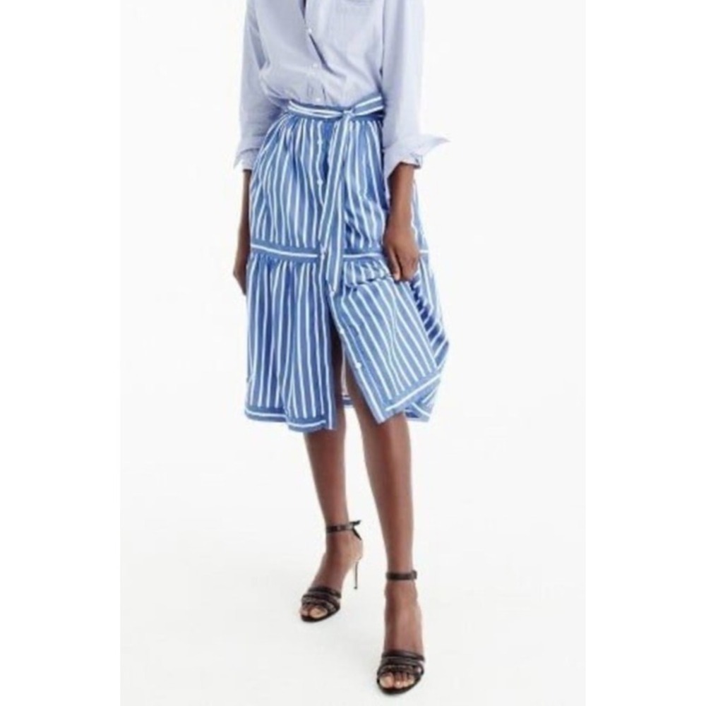 J. Crew Striped Midi Skirt Blue White Button Size 8 Preppy Coastal Brunch Summer - Picture 3 of 14